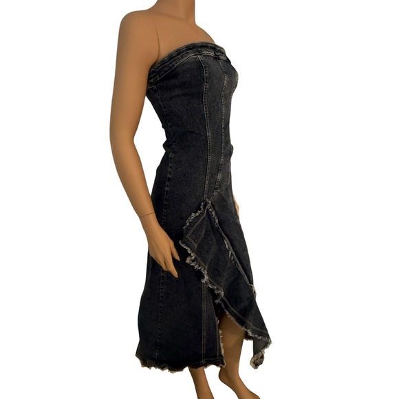 Urban Outfitters Acid Wash Blue Denim Strapless Asymmetrical UO Shiloh Dress M - Picture 14 of 16